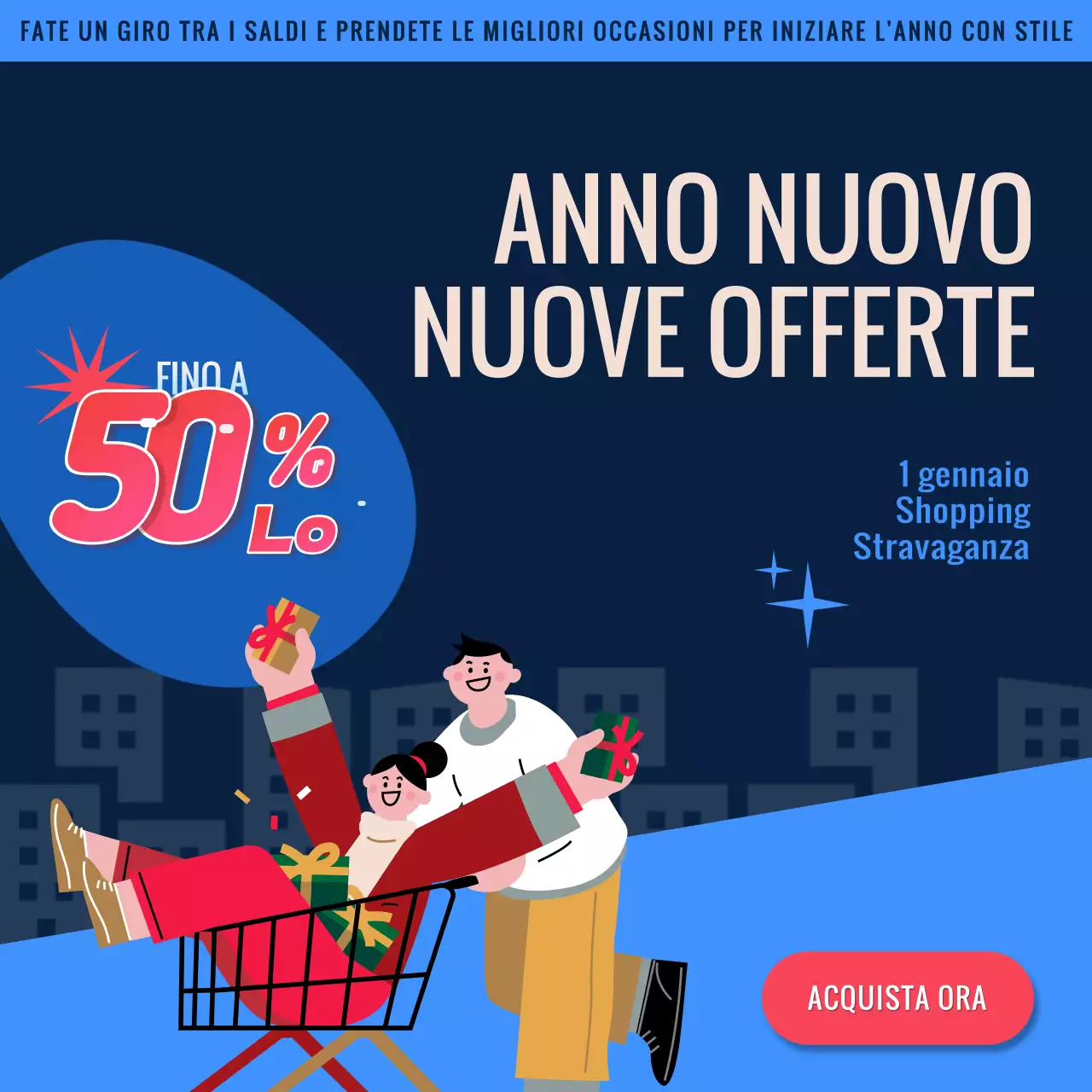 Pubblicità di Capodanno all'insegna del divertimento in blu e rosso