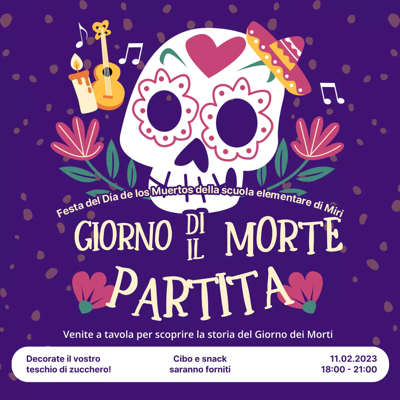 Invito alla festa del Giorno dei Morti di tendenza in viola e giallo