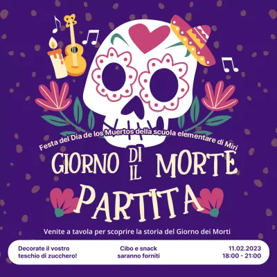 Invito alla festa del Giorno dei Morti di tendenza in viola e giallo