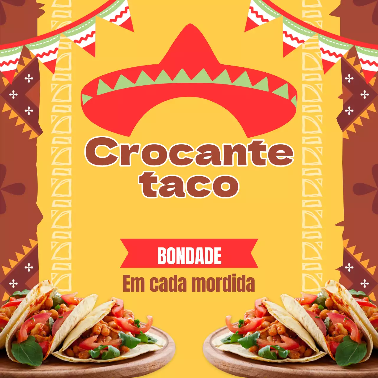 Anúncio de restaurante de tacos na moda em castanho e amarelo