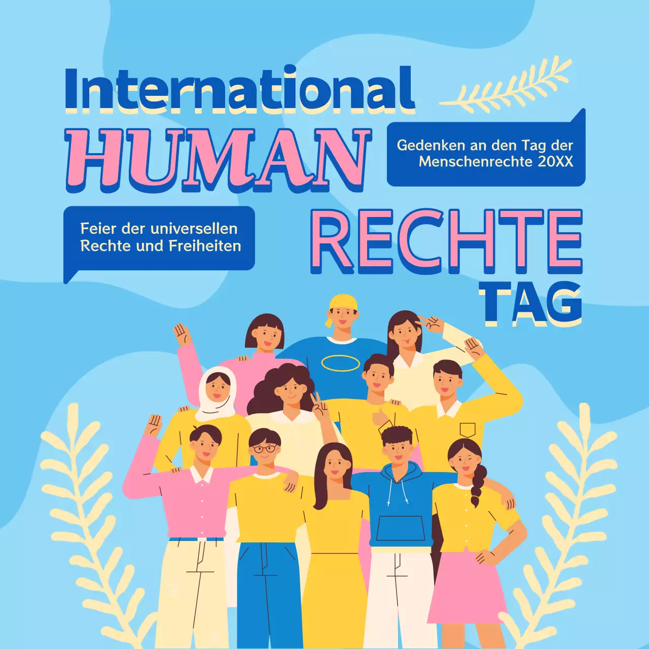 Trendige Anzeige zum Tag der Menschenrechte in Blau und Rosa