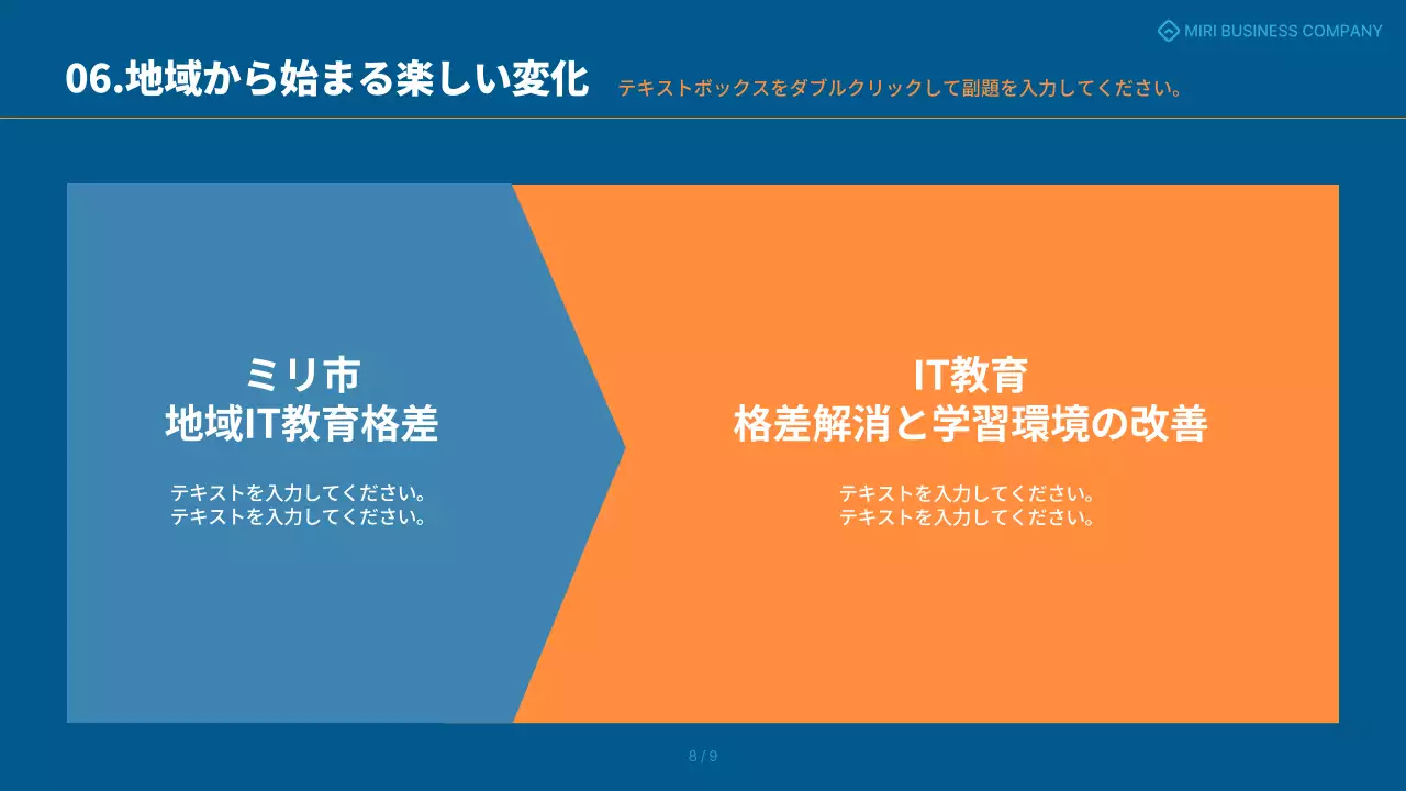 青とオレンジのシンプルな成果共有報告書