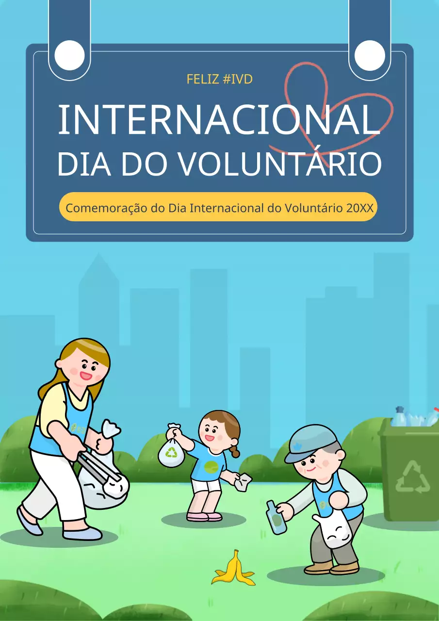 Anúncio azul e verde na moda do Dia Internacional do Voluntariado