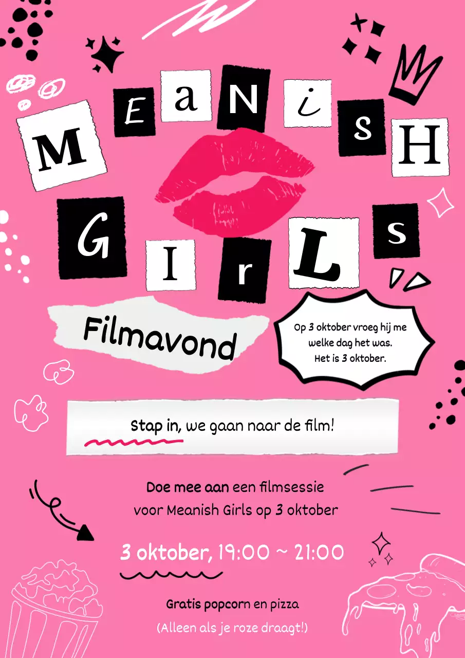 Uitnodiging voor roze en zwarte pop filmavond