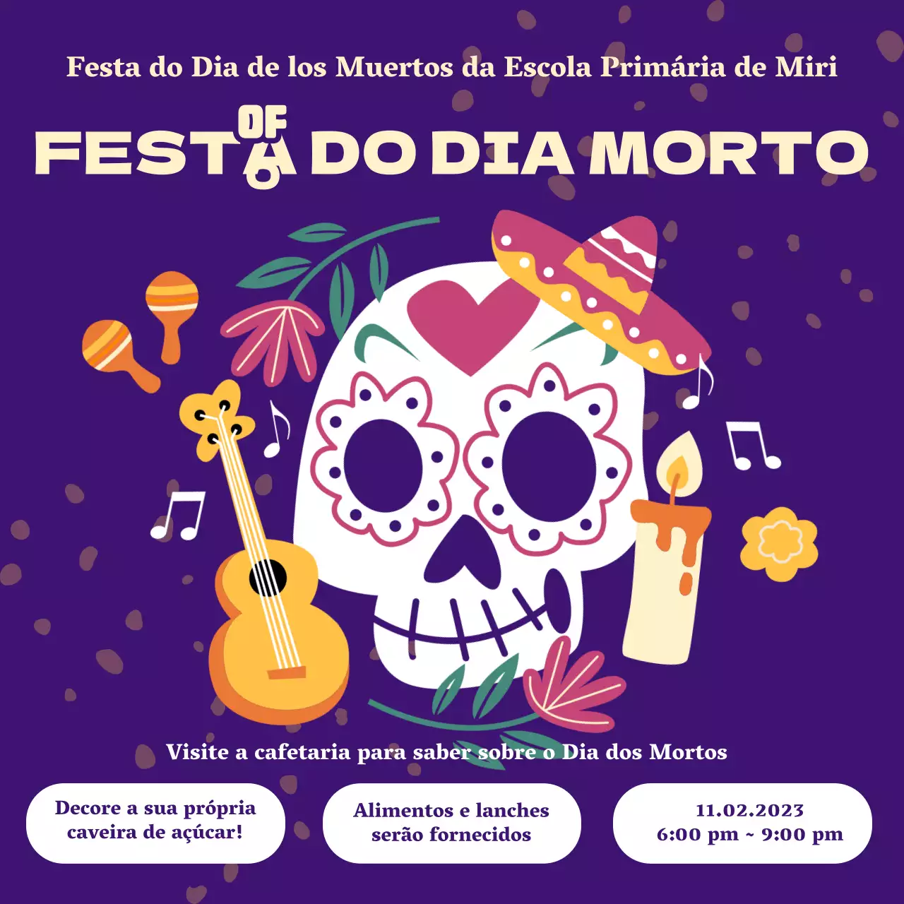 Convite Dia dos Mortos roxo e amarelo da moda
