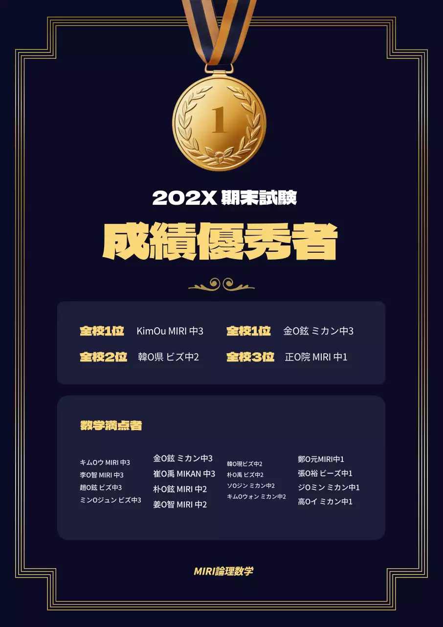 ネイビーの背景に金色のポイントの金メダルのイメージがある高級感のある成績優秀者塾の広報。