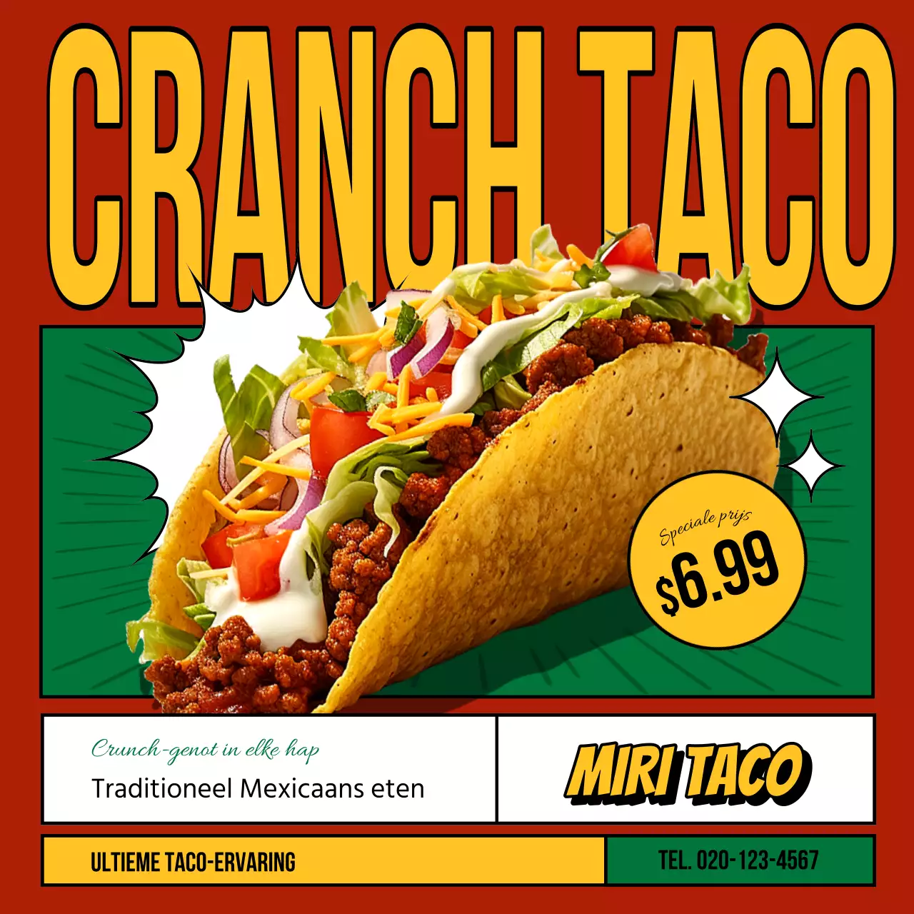 Een pop-art taco-restaurant promoten met rood en groen