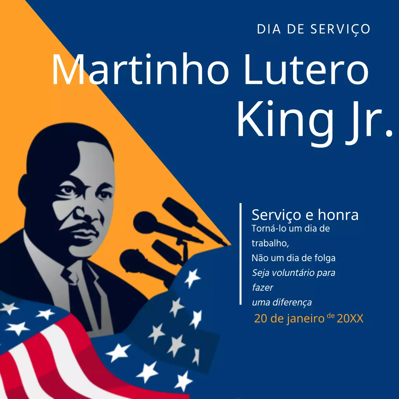Publicidade clássica azul e laranja do Dia de Martin Luther King