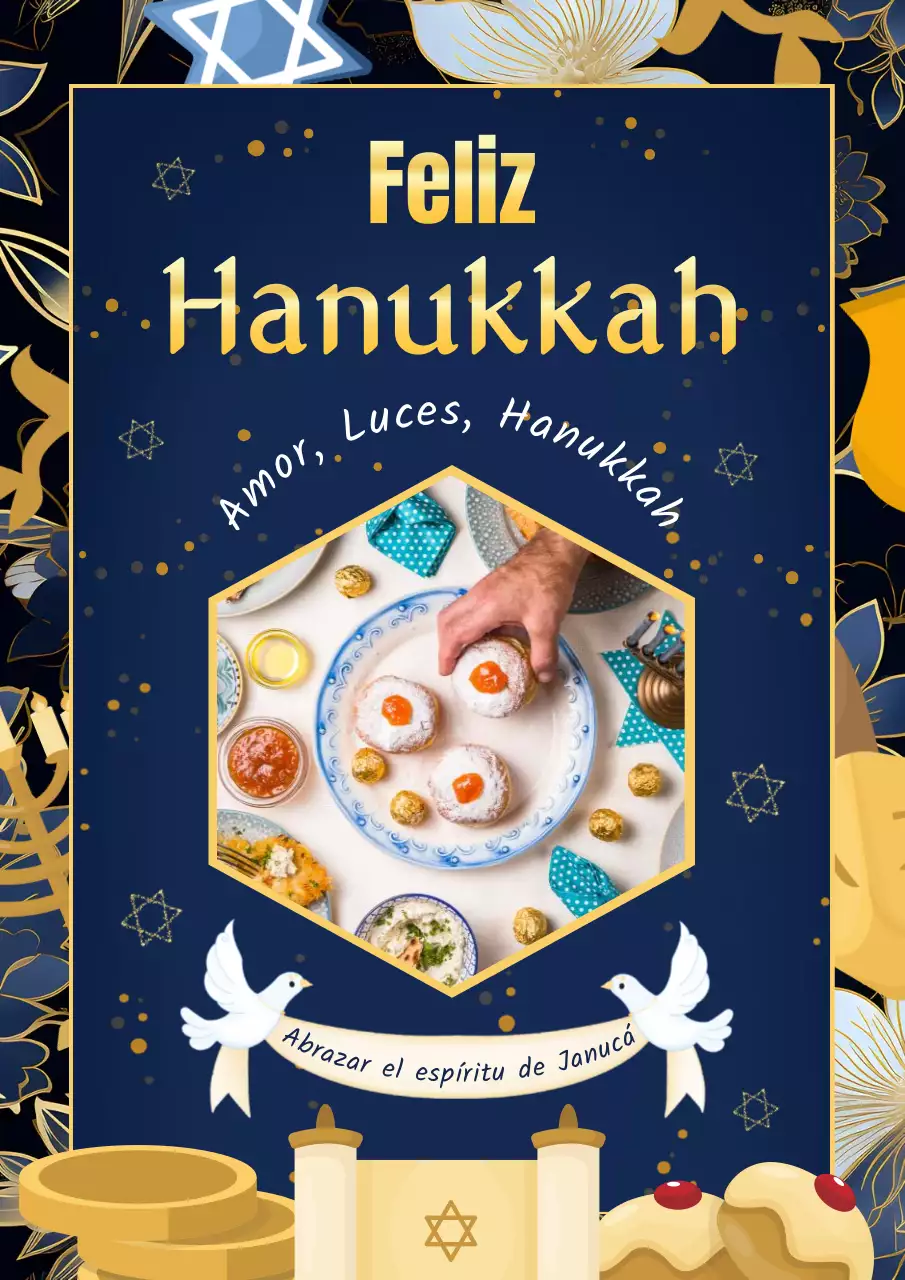 Elegante publicidad azul marino y dorada Happy Hanukkah