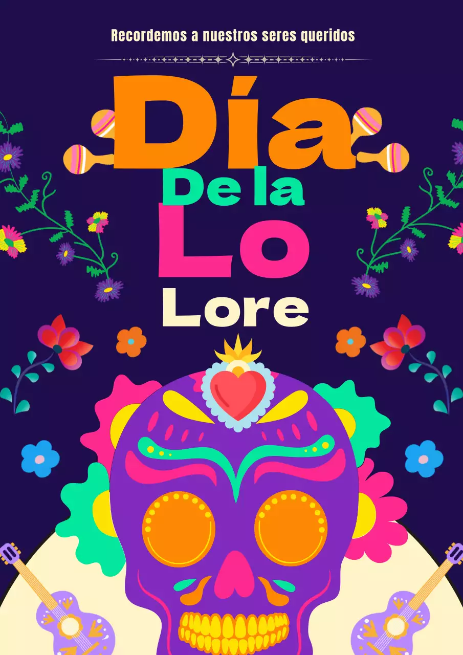 Publicidad kitsch azul marino y morado del Día de los Muertos