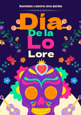 Publicidad kitsch azul marino y morado del Día de los Muertos