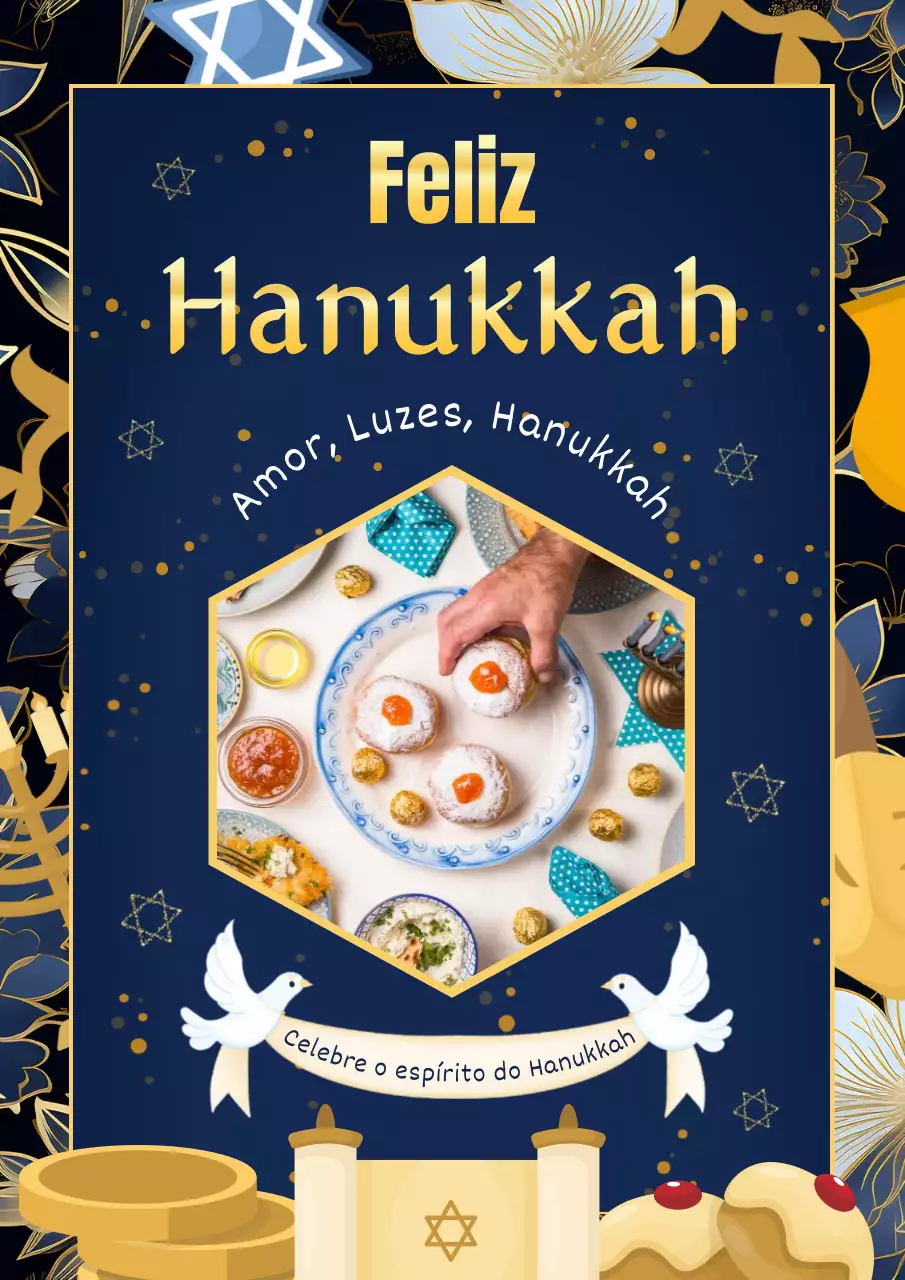 Publicidade elegante de Feliz Hanukkah em azul-marinho e dourado