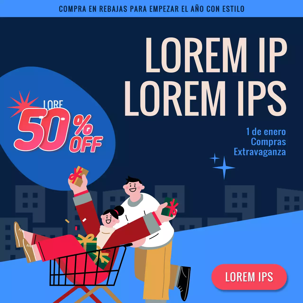 Azul marino y rojo divertido Trato de Año Nuevo publicidad