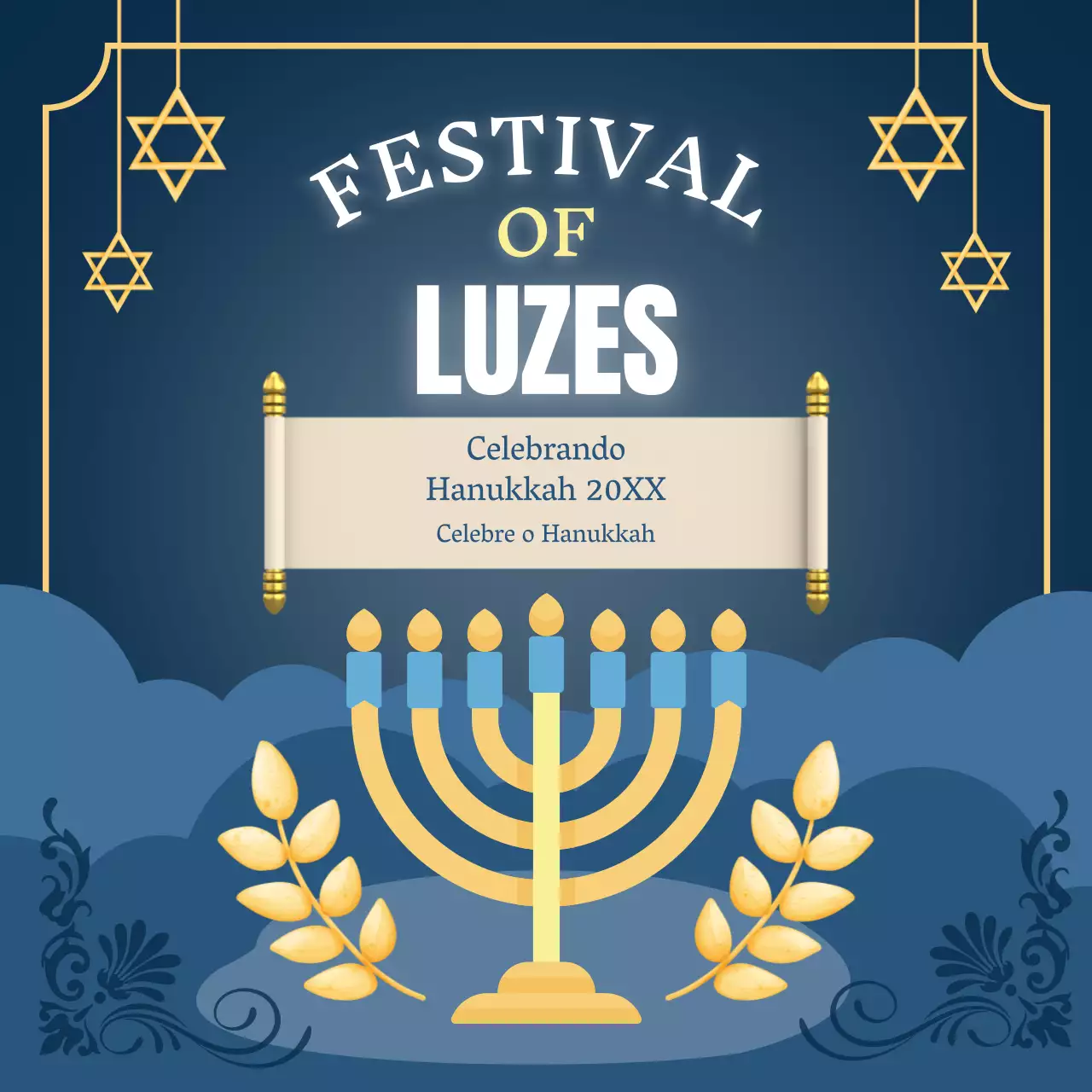 Anúncio de celebração do Hanukkah clássico azul e amarelo