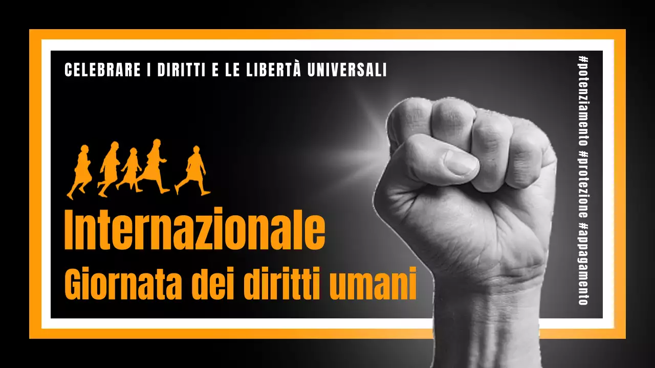 Pubblicità trendy in nero e arancione per la Giornata dei diritti umani