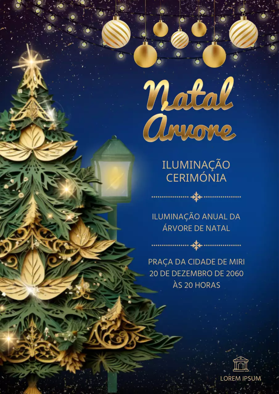 Anúncio de evento de Natal clássico em azul-marinho e dourado