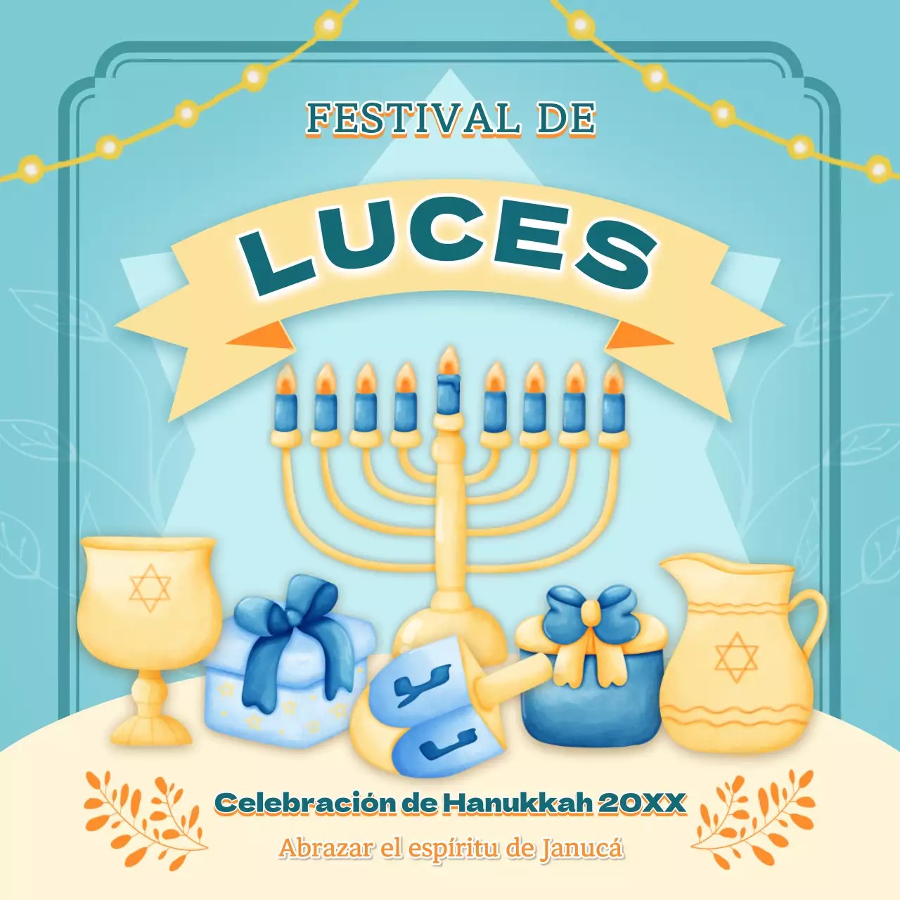 Publicidad clásica azul cielo y amarilla para la celebración de Hanukkah