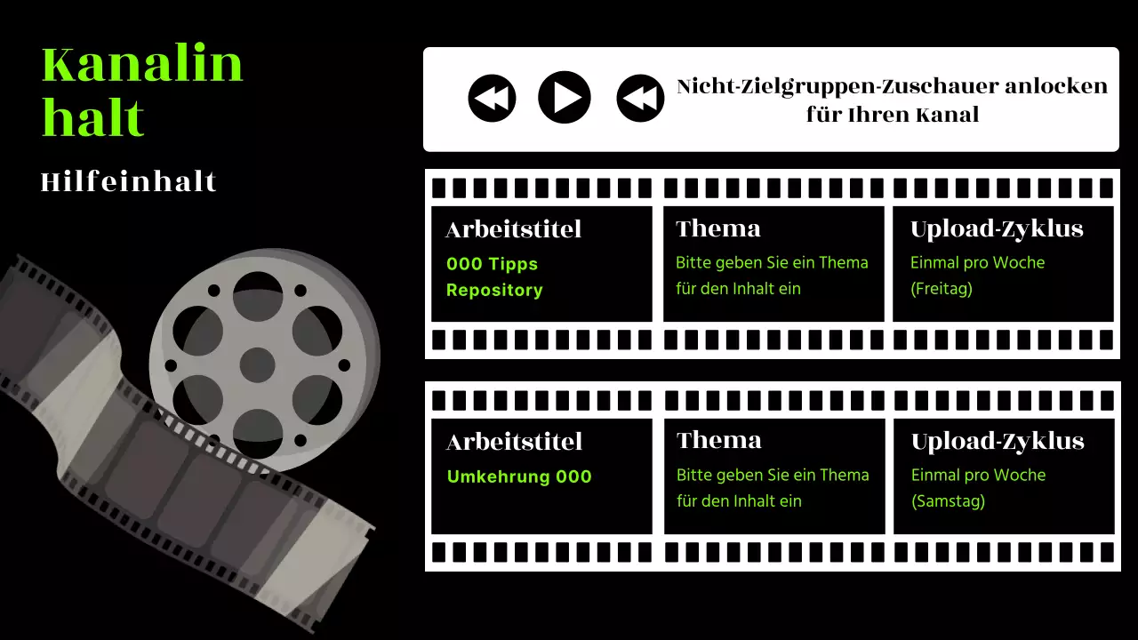 Black & Neon trendy Channel Content Plan Vorschlag