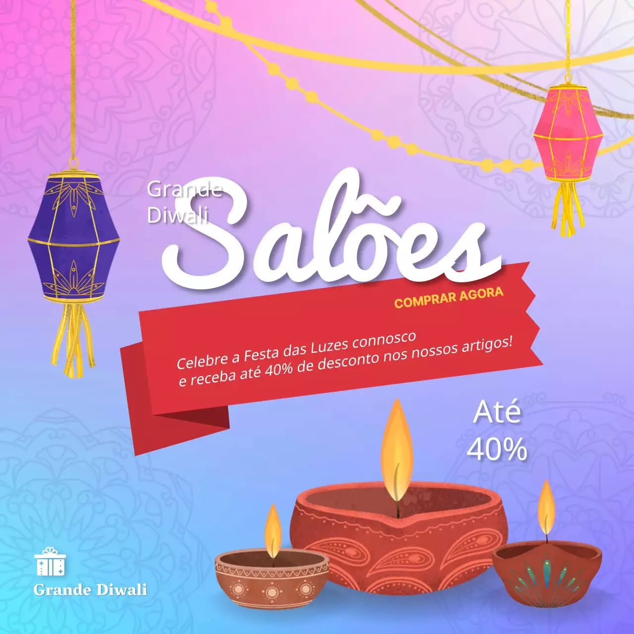 Anúncio de venda de Diwali elegante em roxo e cor-de-rosa