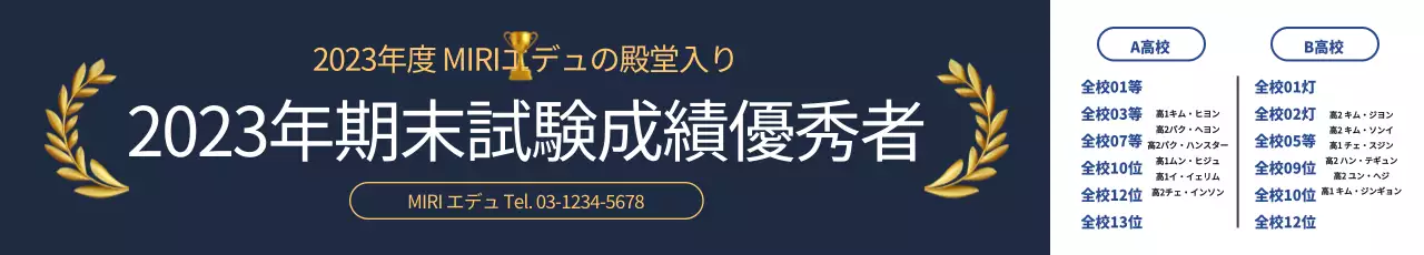 紺と白のコントラストのあるデザインにトロフィーと月桂樹がある成績優秀者の宣伝