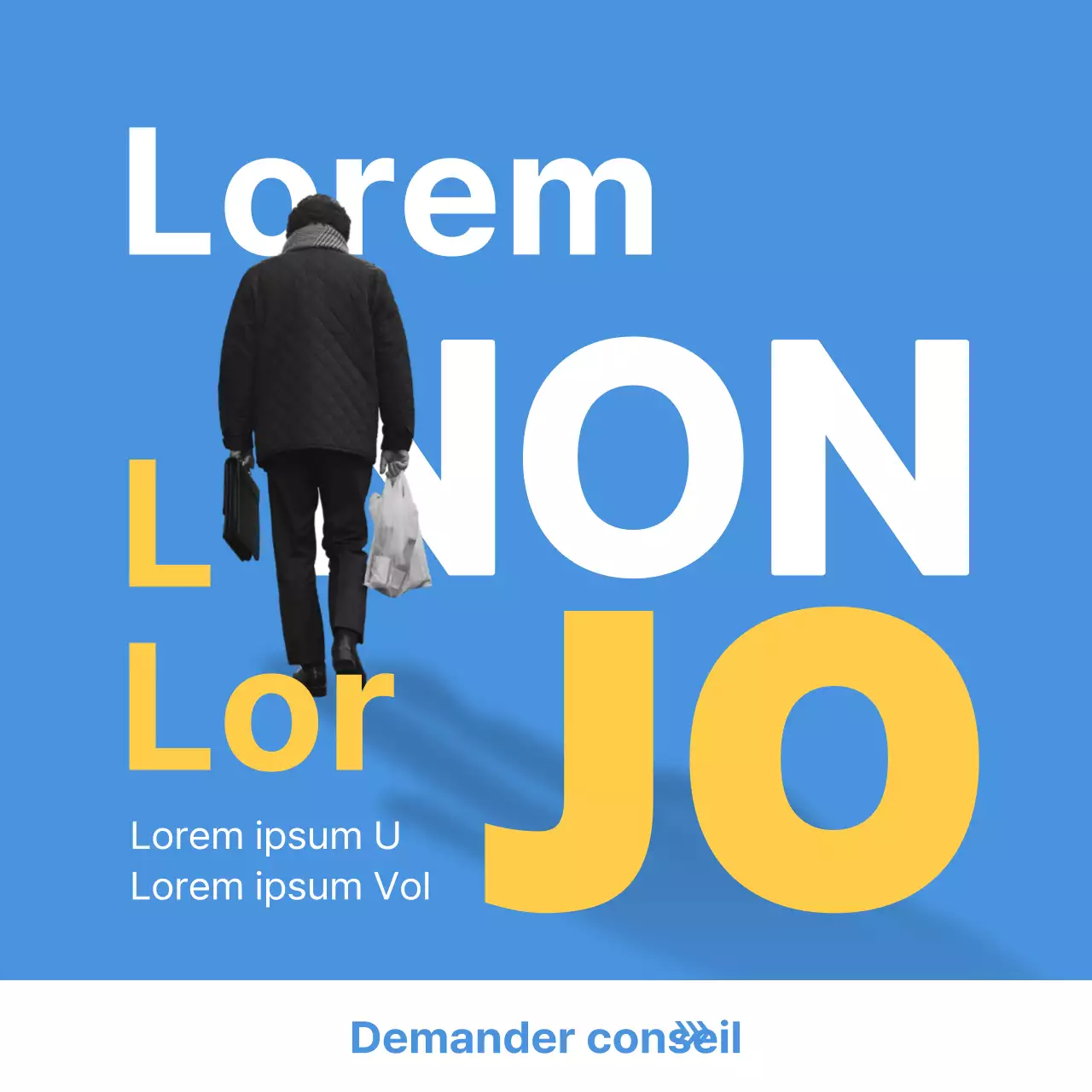 Publicité simple, jaune et bleue, pour un cabinet d'avocats spécialisé dans le recouvrement de créances personnelles