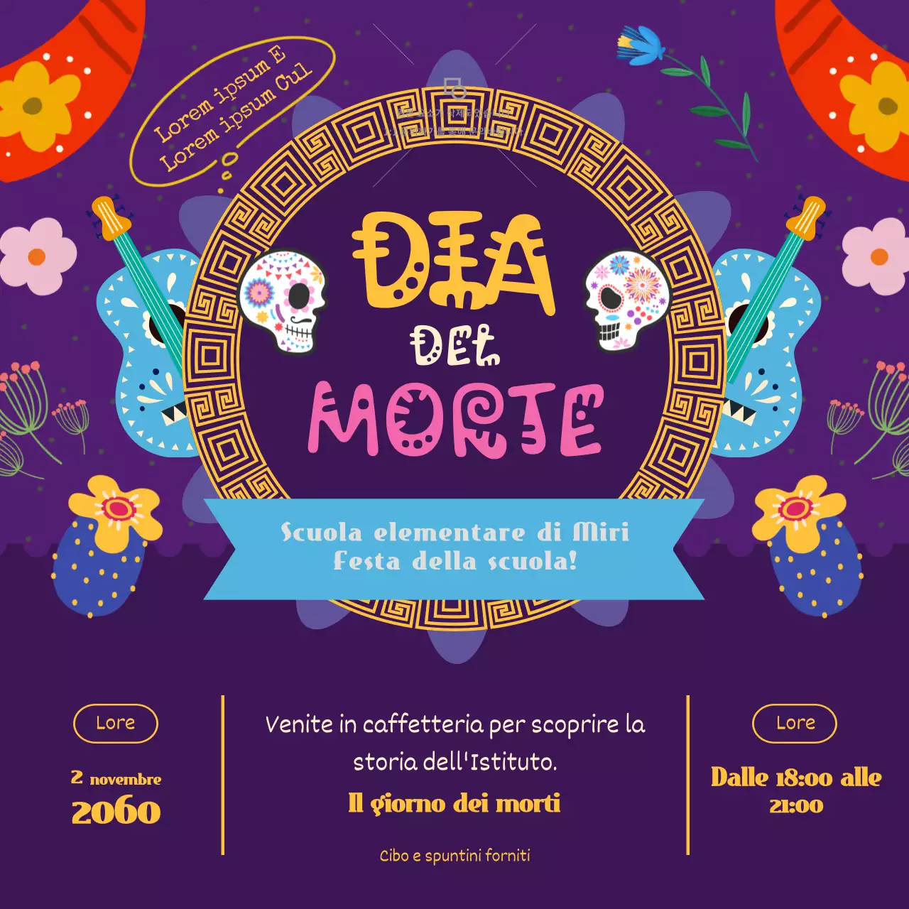 Pubblicità kitsch viola e dorata del Dia de los Muertos