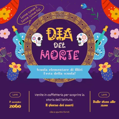 Pubblicità kitsch viola e dorata del Dia de los Muertos
