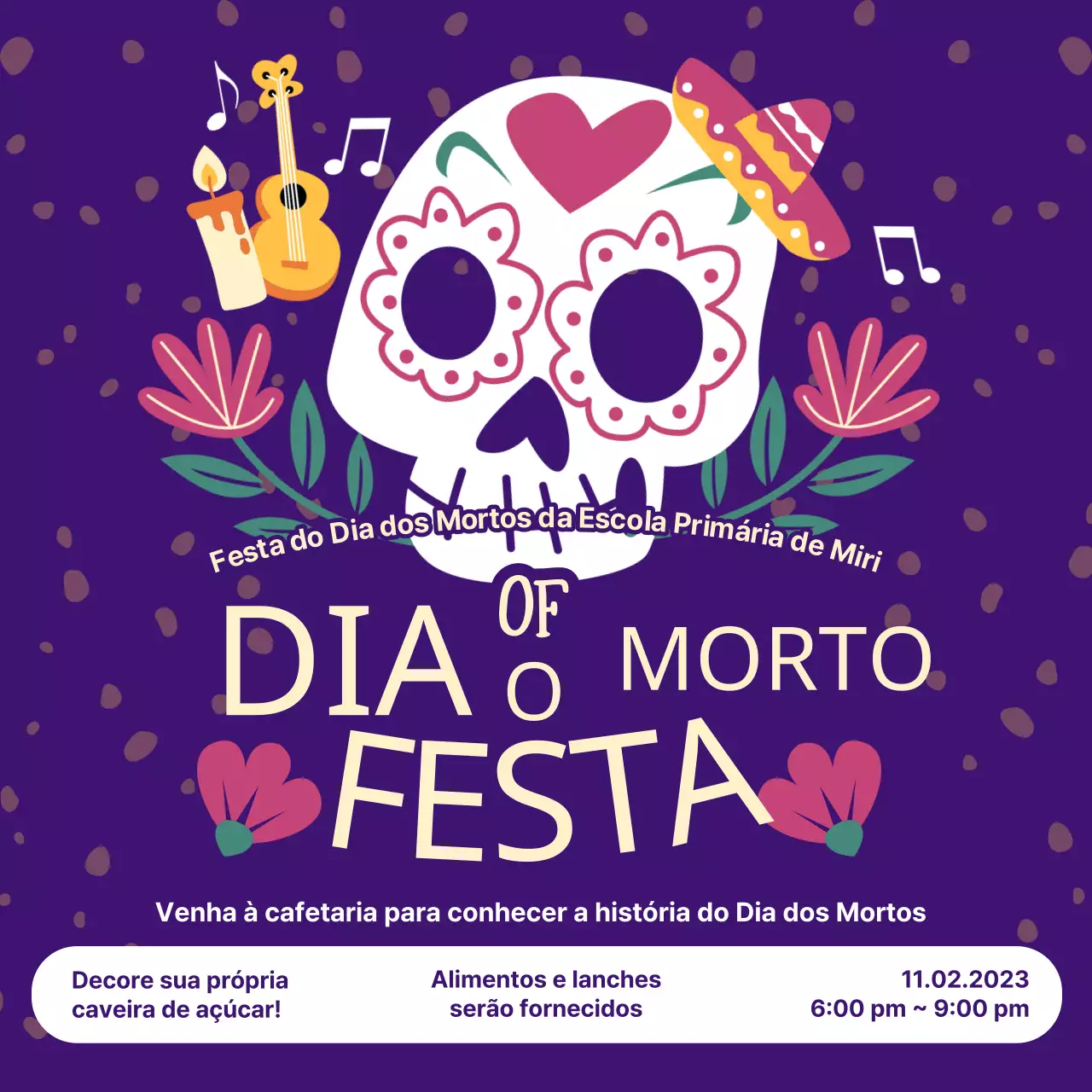 Convite de festa do Dia dos Mortos roxo e amarelo na moda