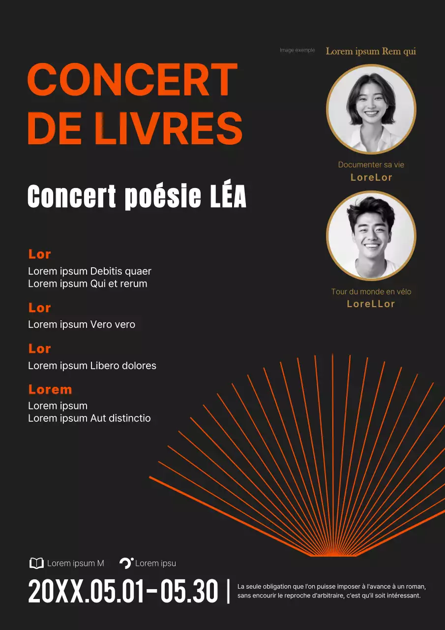 Promotion moderne d'un concert de livres avec photo de l'auteur en noir et orange