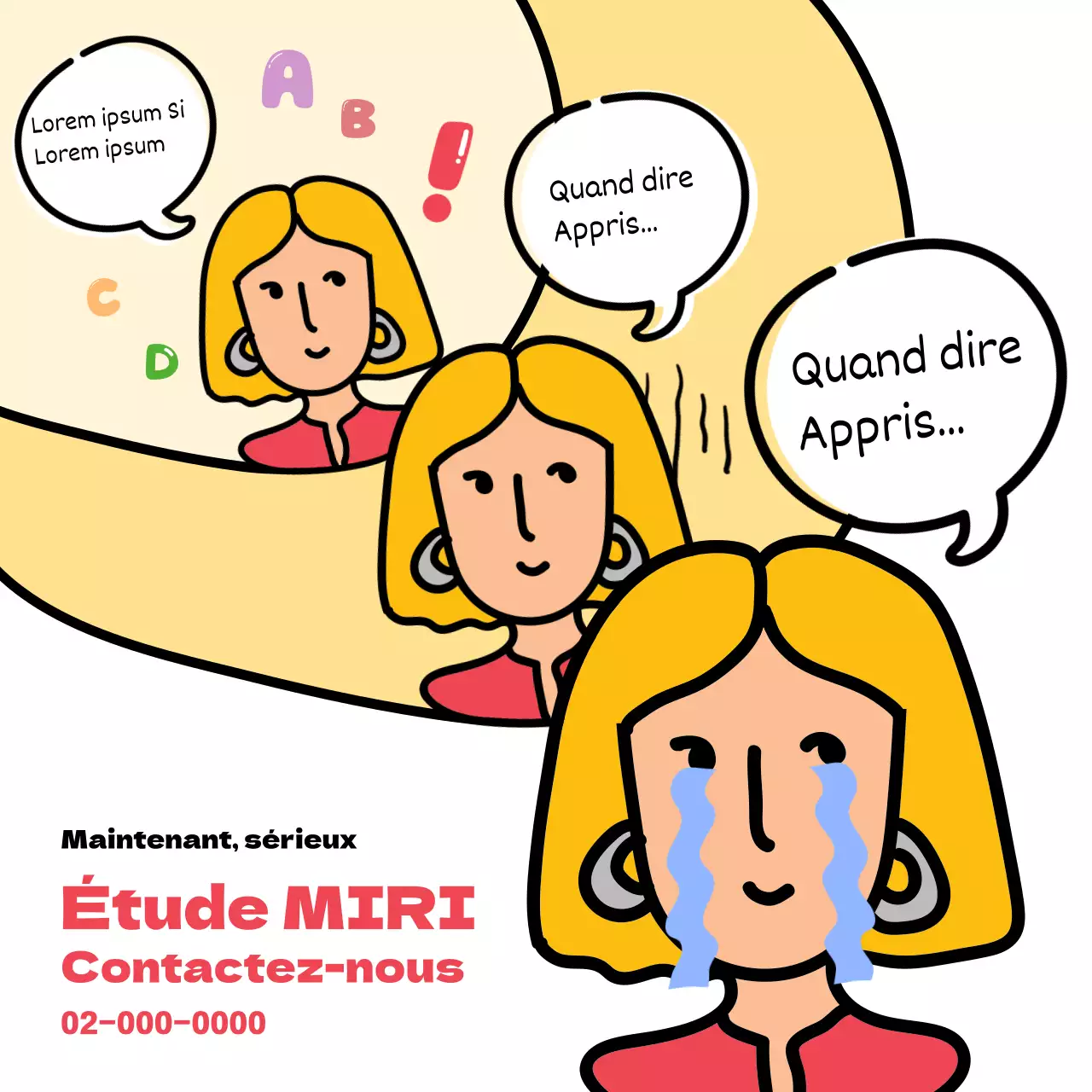 Une publicité d'une seule page avec un texte rouge sur fond blanc et une jolie bulle de dialogue.