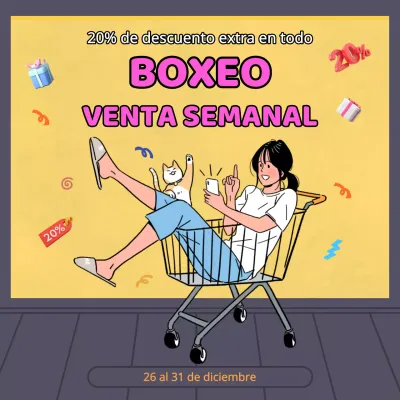 Anuncio de moda para el Boxing Day en amarillo y rosa fuerte