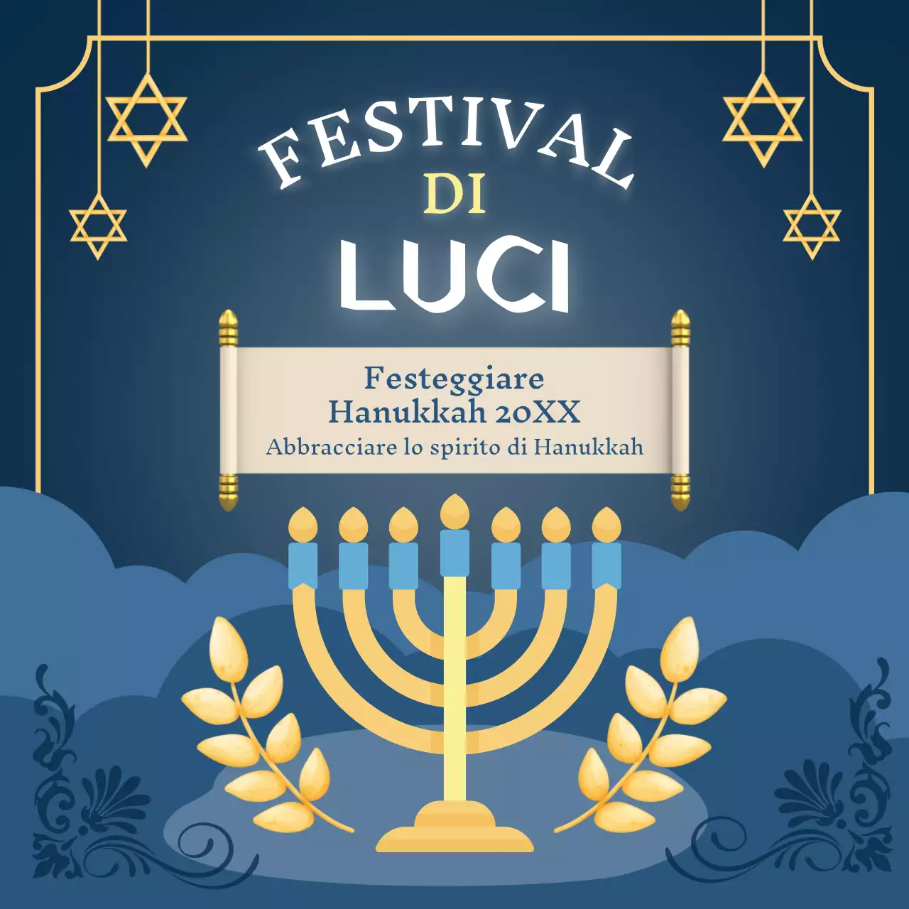 Pubblicità classica blu e gialla per la celebrazione di Hanukkah