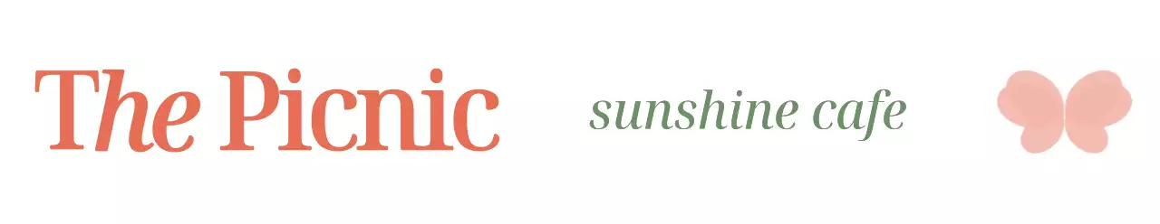 緑とピンクのシンプルな蝶のイラストがある温かみのあるコンセプトのカフェ用。