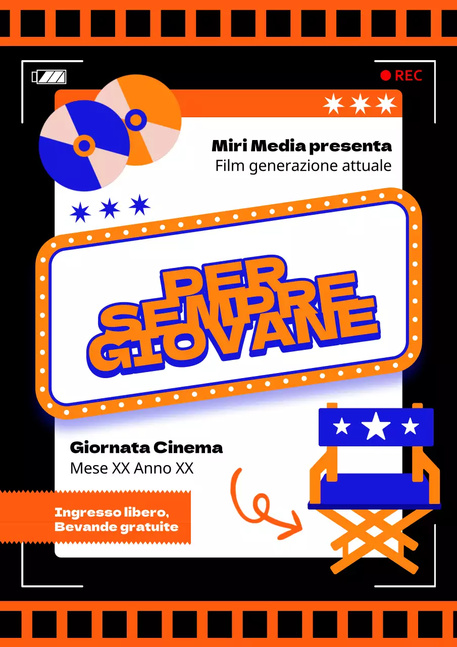 Pubblicità di una serata di cinema retrò in nero e arancione