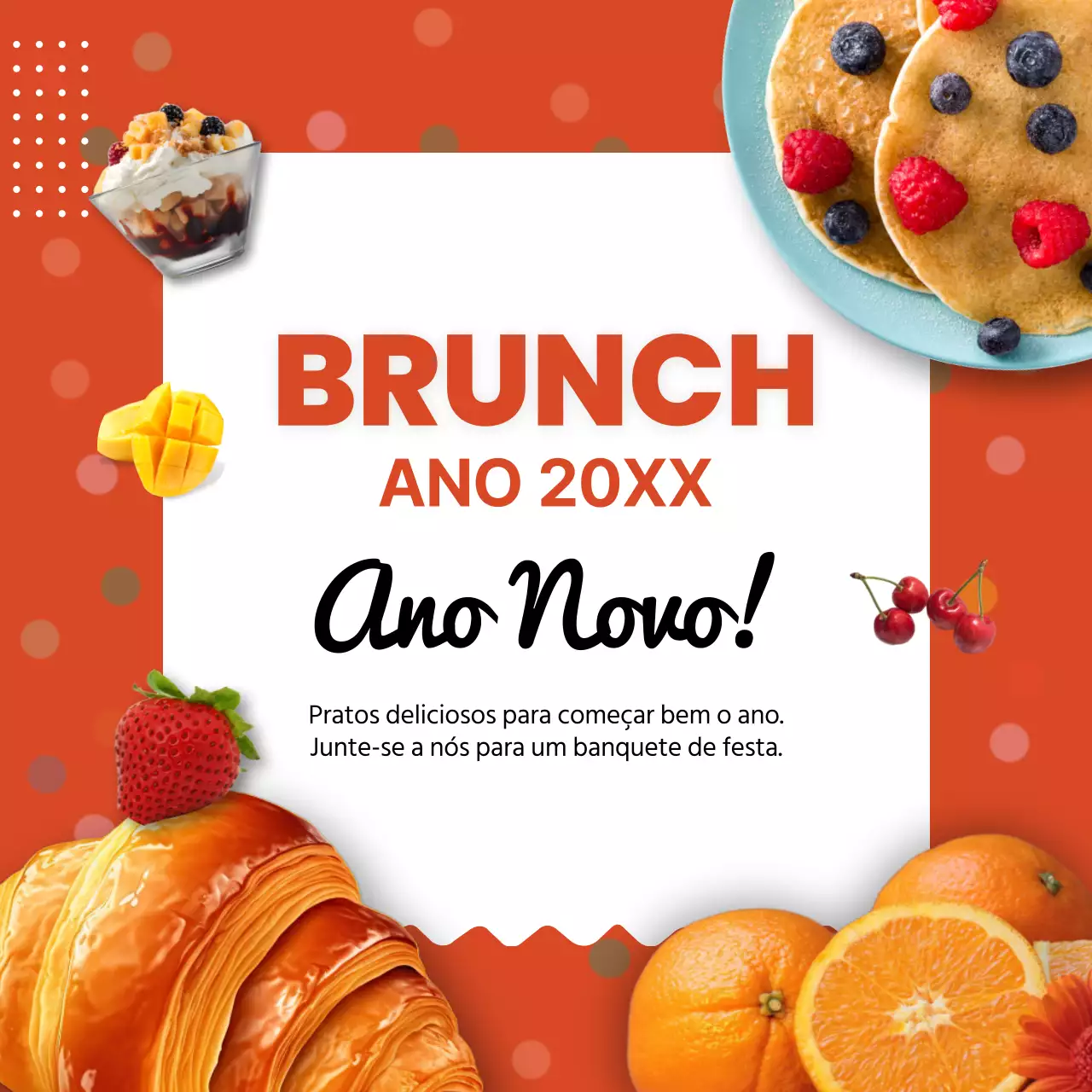 Anúncio de Brunch de Ano Novo com Pop Laranja e Branco