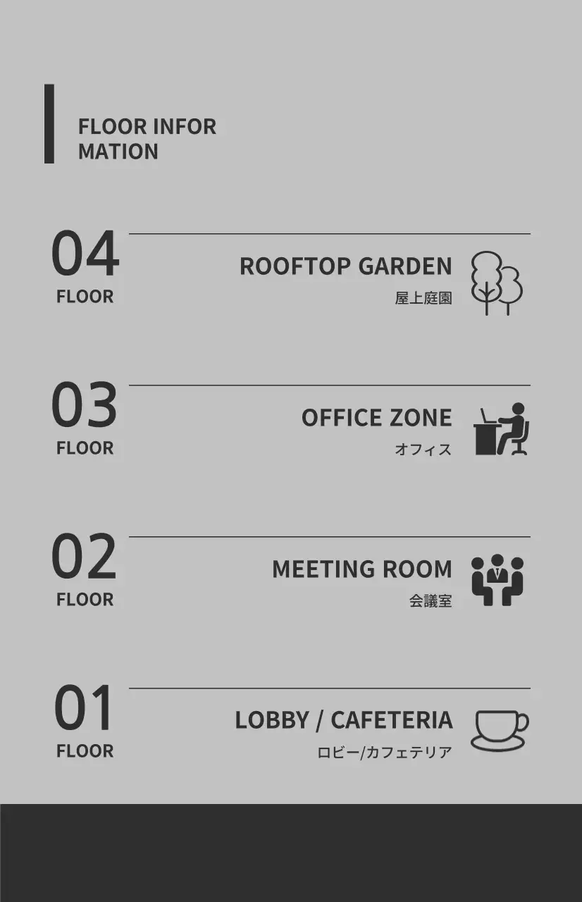グレーとダークグレーの組み合わせで、アイコンと階ごとの案内が記載されたウィンドウフラグ。