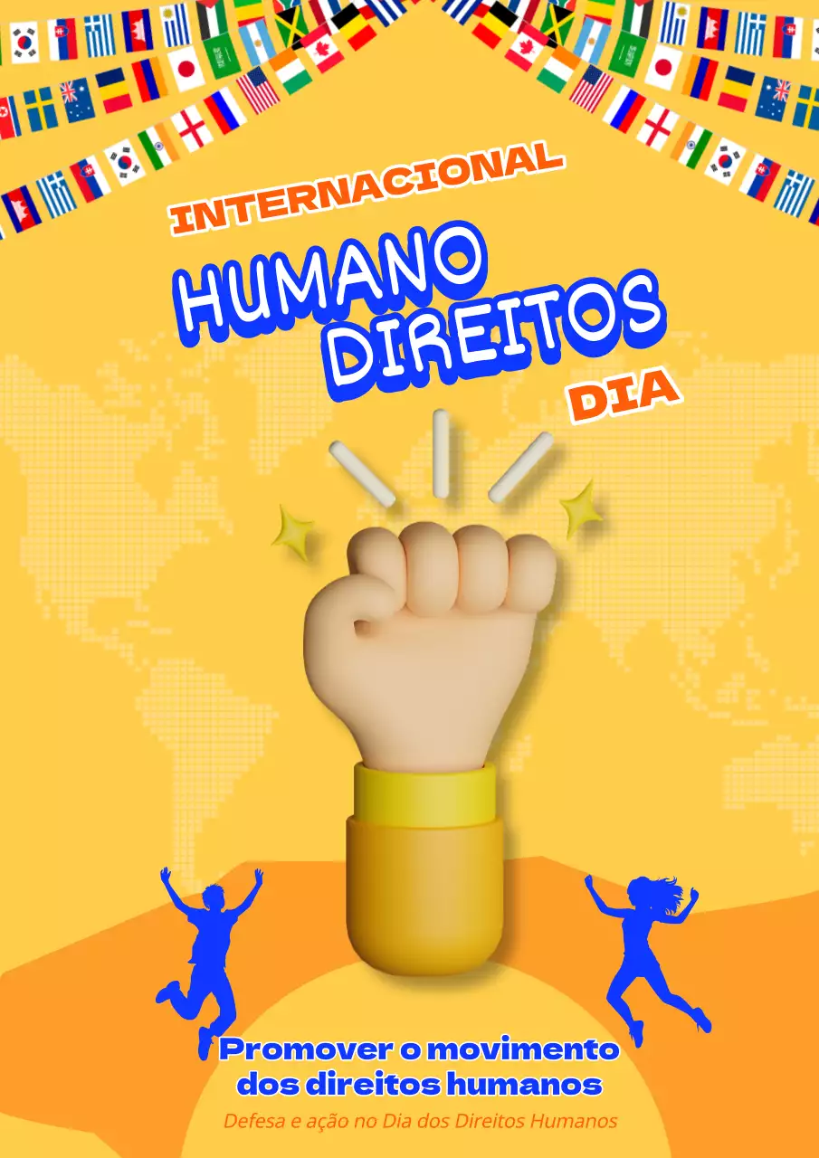 Publicidade amarela e azul na moda para o Dia dos Direitos Humanos
