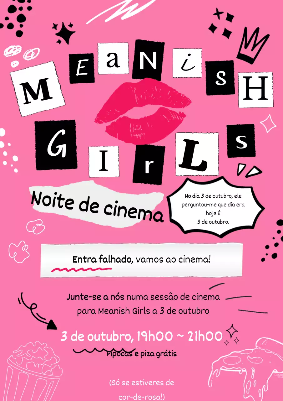Convite Noite de cinema pop cor-de-rosa e preto