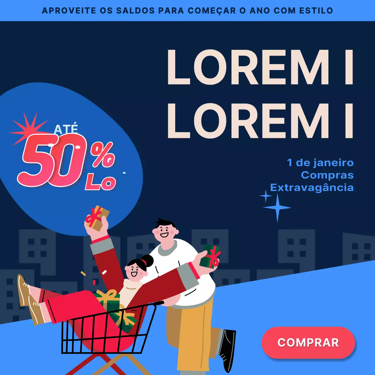 Publicidade divertida em azul-marinho e vermelho para o Ano Novo
