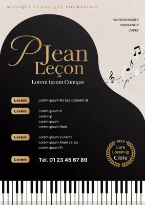 Publicité classique pour les leçons privées de piano en noir et or