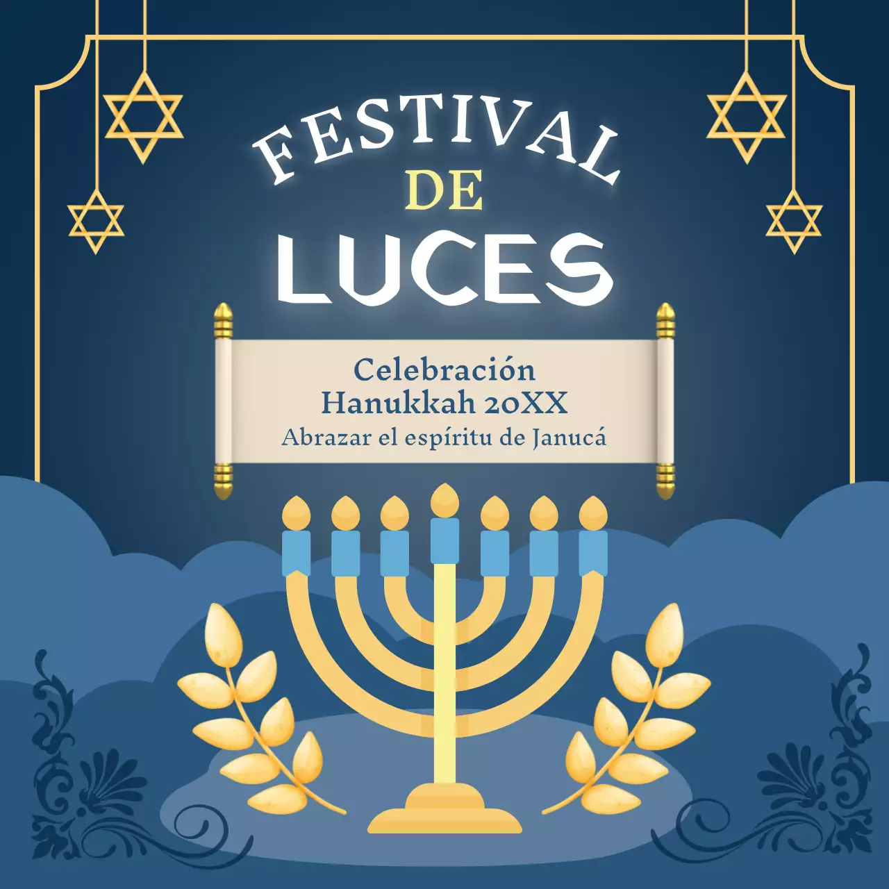 Anuncio clásico azul y amarillo para la celebración de Hanukkah