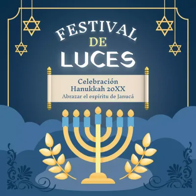 Anuncio clásico azul y amarillo para la celebración de Hanukkah