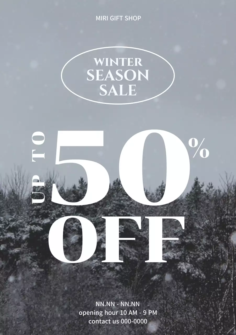雪が積もった木を背景に割引率が大きく記載された冬のシーズンセールポスター。