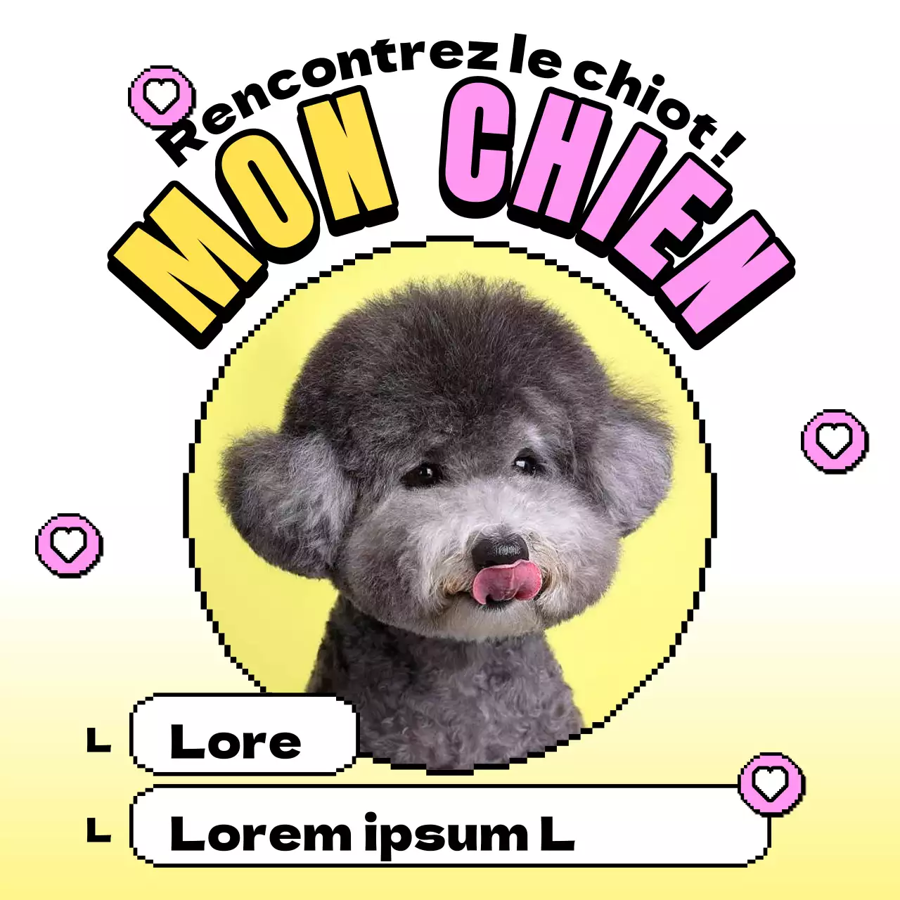 Un post présentant un adorable chiot jaune et rose