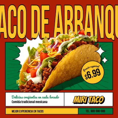 Promocionar un restaurante de tacos pop art con rojo y verde