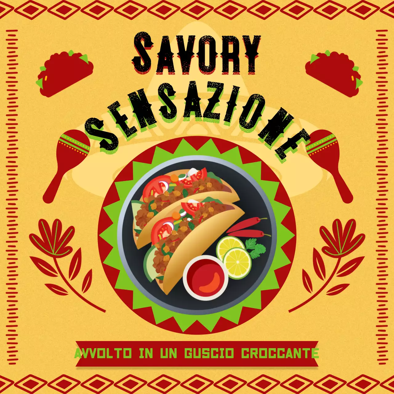 Pubblicità geometrica gialla e rossa del ristorante Taco