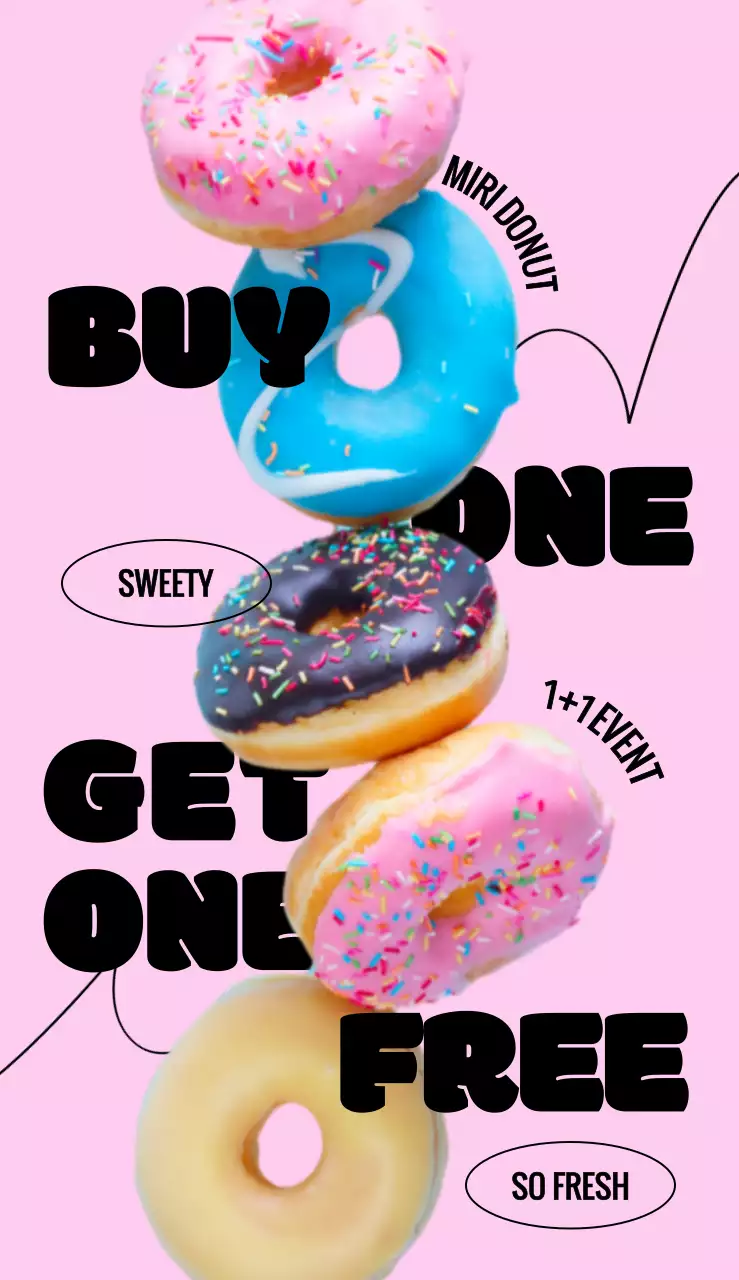 大胆なフォントとドーナツイメージのレイアウト、リズム感のあるグラフィック要素でポイントをつけたドーナツデザートカフェメニュー。