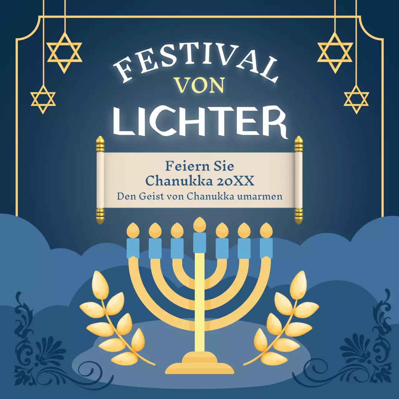 Blaue und gelbe klassische Chanukka-Feier-Anzeige