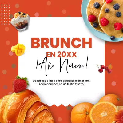 Anuncio de brunch de Año Nuevo naranja y blanco pop