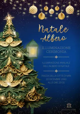 Pubblicità di eventi natalizi classici in oro e marina